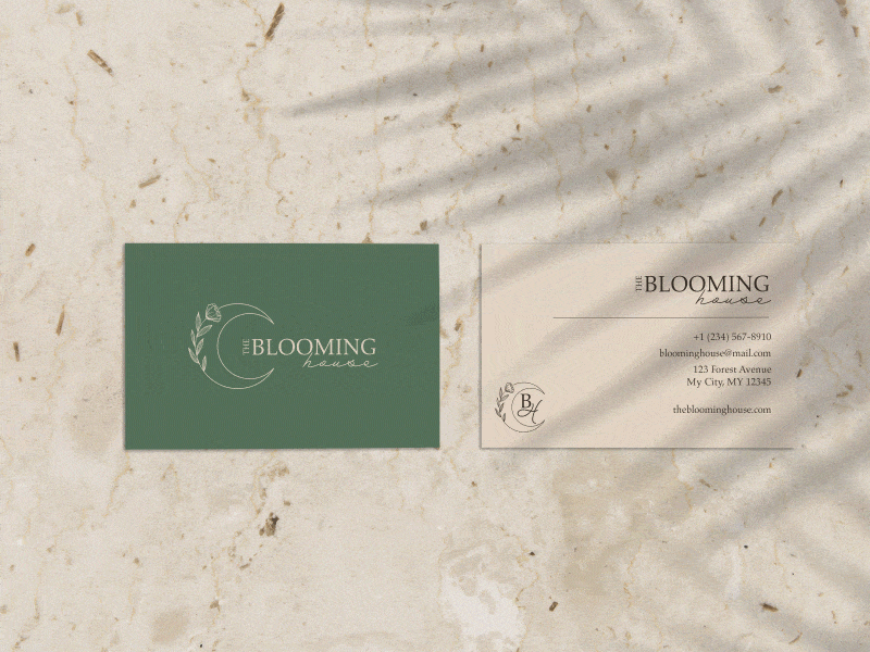 The Blooming House - Business Card Mockup Animation adobe illustrator adobe photoshop after effects after effects animation animated gif animation brand design brand identity brand logo business card mockup business cards floral logo logo logo design mockup design plant store