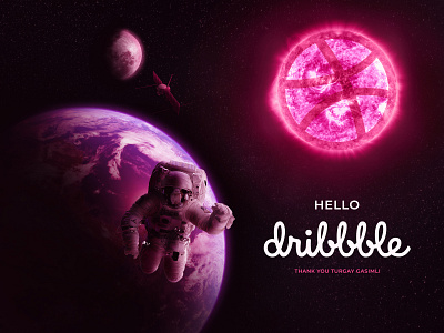 Hello Dribbble cosmonaut cosmos dribbble first shot helo moon sun world