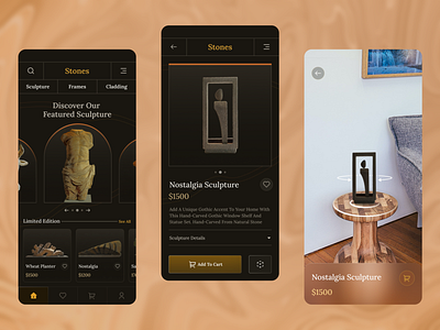 Stones e-commerce app - AR concept app design ar ar app augment reality augmented clean dark mode e commerce ios luxury minimal minimalism minimalist product product design sculpture store app ui virtual reality vr