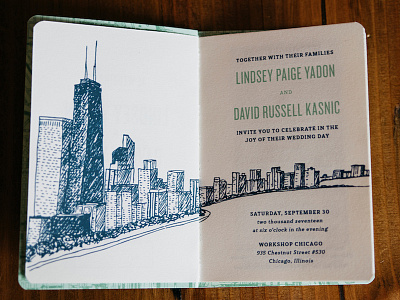 Y2Kasnic Wedding Invitation – Chicago Guidebook booklet chicago guidebook handdrawn handmade invitation sewn binding sketch skyline wedding