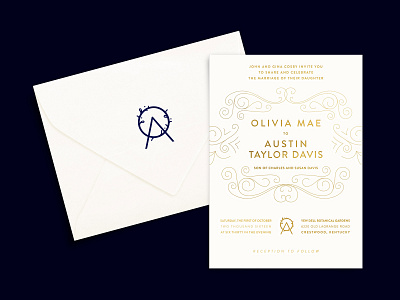 O+A Wedding Invitation + Logo Stamped Envelope branding envelope garden gold gold foil gold foil stamp invitation kentucky letter logo line art logo logo stamp navy rubber stamp stamp wedding wedding invitation wedding invitations wedding invite wedding logo