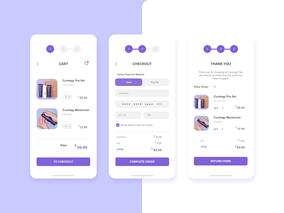 E-Commerce: Curology adobe xd app card challenge checkout concept cosmetics design ecommerce flat progressbar purple redesign shopping skincare ui ux