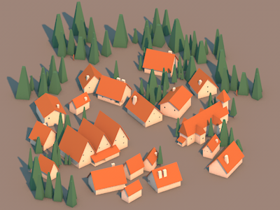 Small Town 3d modeling cinema 4d concept houses isometric low poly mining train town trees