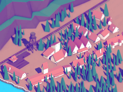 Small Town 3d modeling cinema 4d low poly railway town trees