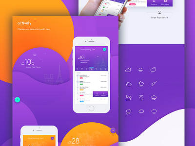 Actively iOS Application iteration activity tracker application ui calendar check list day night concept task tracker temperature timeline to do list trending