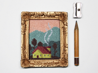 Mini-embroidery "maisonnette" canevas cross stitch decoration embroidery house illustration minimal nature pattern pixel pixelart textile textile design