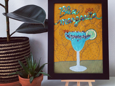 COCKTAIL • Blue margarita alcohol barman bartender blue cactus cocktail creative decoration design textile embroidered embroidery frame glass illustration lettering painting pattern plant sequins textile