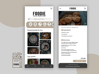 FOODIE - mobile app to search recipes and ingredients to buy adobe xd food order food ordering app ingredients minimal minimalism minimalistic mobile mobile app mobile app design mobile ui recipe app ui ux