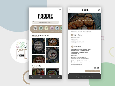 FOODIE - mobile app to search recipes and ingredients to buy adobe xd ingredients minimal mobile app design mobile apps mobile ui ordering app pastel colors recipe app recipes ui ux uxui