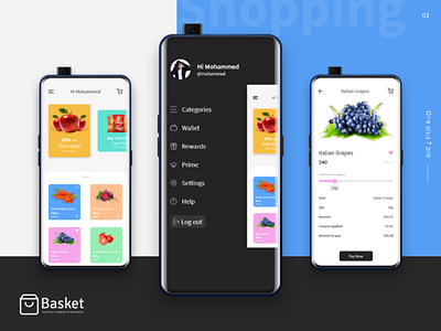 Groceries Shopping App app bank app black blue cart color design fruits groceries icon illustration ios mobile mobileappdesign oneplus selfie shopping ui web