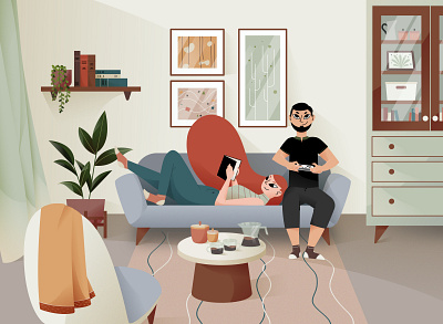 Friday afternoon activities afternoon at home boy character characterdesign design digital illustration flat friday girl home illustration playing reading vector