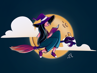 Little Witch art book cat character characterdesign digital illustration girl halloween illustration moon night reading witch