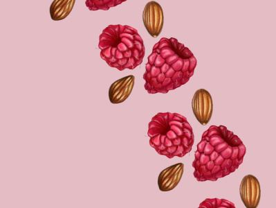 Raspberry Almond Pattern almond art design etsy food foodillustration frambuesas illustration pink raspberries raspberry red vegan