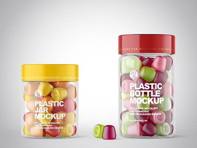 Plastic Jars with Gummies Mockups PSD 3d branding design label labeldesign logo mockup mockupdesign pack package visualization