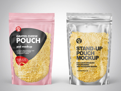 Plastic Pouches w/ Grated Cheese Mockups PSD 3d branding design label labeldesign logo mockup mockupdesign pack package visualization