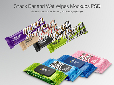 Snack Bar and Wet Wipes Mockups 3d branding design icon illustration logo mock up mock up mockup mockup design mockupdesign mockups pack package real snackbar softpack vector visualization wetwipes