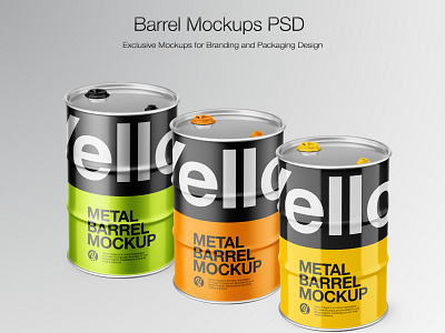 Metal Barrel Mockups 3d branding design icon illustration logo mock up mock up mockup mockup design mockupdesign pack package real smartobject typography ui ux vector visualization