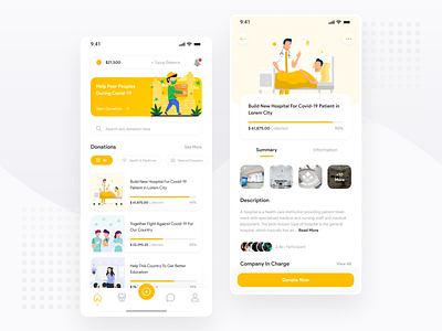 Charity/Donation Exploration - Mobile App android charity chart clean corona covid covid19 donation fundraising icon illustrations ios minimal mobile simple ui ui design ux ux design yellow
