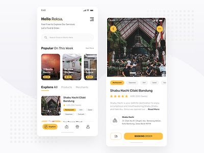 Restaurant & Cafe Booking App android android app app booking cafe clean daily food ios ios app minimal mobile restaurant simple ui ui design uiux ux ux design yellow