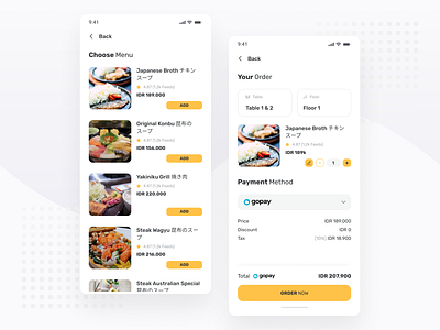 Restaurant & Cafe Booking App android app app design clean ios menu minimal mobile order price restaurant restaurant app simple ui ui design ux ux design yellow