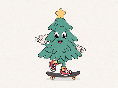 Christmas is coming christmas christmas tree groovy illustration mascot retro simple skateboarding