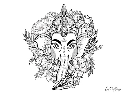 Ganesha with flowers amulet black and white concept design elephant flowers ganesh ganesha illustration indian indiana outline peonies peony tattoo tattoo design vector