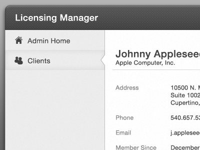 Licensing Manager contacts grey icons nav side nav ui