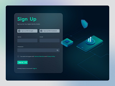 Sign UP Screen for Digital Identity, Wallet crypto digital identity landing page sign in sign up sign up sign up ui ui wallet website