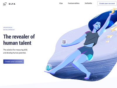 Elya Landing Page application blue digital art girl illustration landing page procreate purple ui