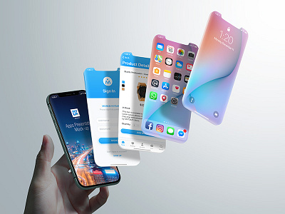 Apps Presentation Mock-up v2 application apps black design desktop device float hand pose horizontal ios iphone 11 iphone 11 pro mobile mockup phone portrait present smart phone vertical