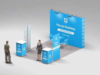 Trade Show Booth Mock-up v1 backdrop banner branding business counter design dimension display easy mini mockup perspective pop up roll up showcase size smart object standee table top