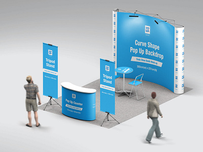 Trade Show Booth Mock-up v2 backdrop banner branding business counter curve shape design dimension display mini mockup perspective pop up roll up showcase size smart object standee table top