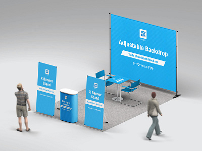 Trade Show Booth Mock-up v3 adjustable backdrop branding business counter design dimension display mini mockup perspective pop up roll up showcase size smart object standee table top x banner