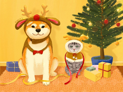 Shiba Inu 柴犬 cat christmas design dog illustration shiba inu