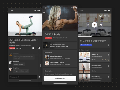Workout Videos - Live and Recorded dark darkmode fitness flat ios livestream mobile app ux videos workouts