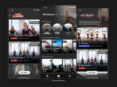 Workouts Library dark fitness flat ios minimal mobile app mobile ui ui workouts