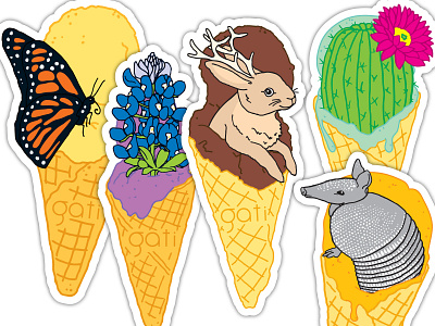 Ice Cream Critters Sticker Set armadillo bluebonnet butterfly cactus ice cream jackalope sticker design texas