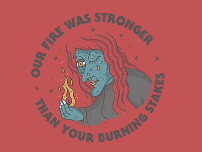Witch burn design fire flames illustration salem stakes waikiki witch woman