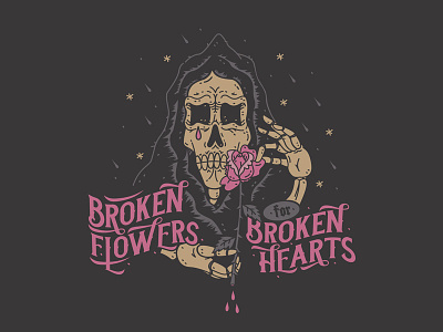 Broken Hearts broken broken heart dead flowers illustration night roses skull stars waikiki