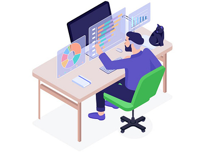 Isometric Illustration for landing page computer creative design design flat flat design illustration inbound marketing isometric landing page man marketing person table vector