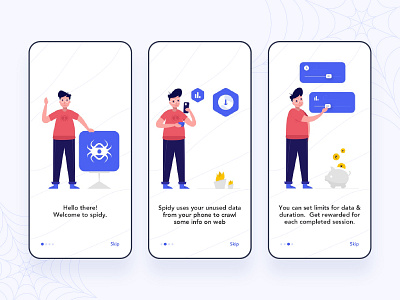 Onboarding Screens - Spidy branding colours design flat illustraor illustration logo onboarding illustration onboarding screens onboarding ui ui vector