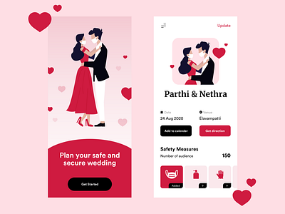 Wedding app mobile concept branding colours covid covid 19 design flat illustraor illustration mask masks minimal practicing safety sanitizer typography vector wedding weddings
