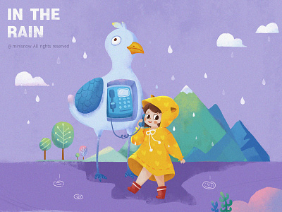 In the rain bird girl illustrations rain telephone booth