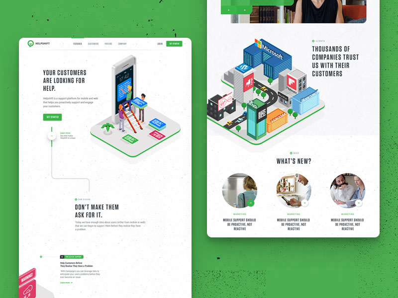 Helpshift's new homepage preview customer service customer texture green homepage landing page