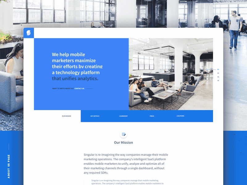 About us page motion design about analytics blue layout motion