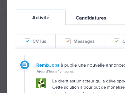 RemixJobs new Activity tab UI design activity app blue buttons design interface minimalist remixjobs tabs timeline ui web web app white