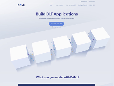 Website for a Blockchain Startup | Daml 3d blockchain cubes distributed ledger homepage particules