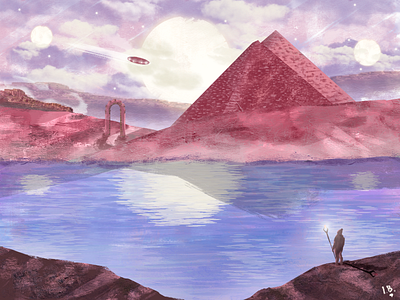 The Eastern Ruins concept art digital painting digitalart dusk game art illustration mage pyramids ufo
