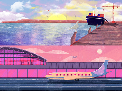 Port and Airport airplane airport editorial editorial illustration harbor illustration port scenario scenario design sea ship