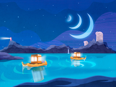 The Three Moons Conjunction boat concept art digital art game art illustration lake light moon night pond sky